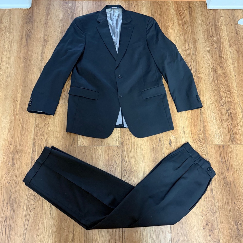 Hart Schaffner Marx Mens Black 2 pc Suit Blazer 43L Pants 38x30 USA Made union